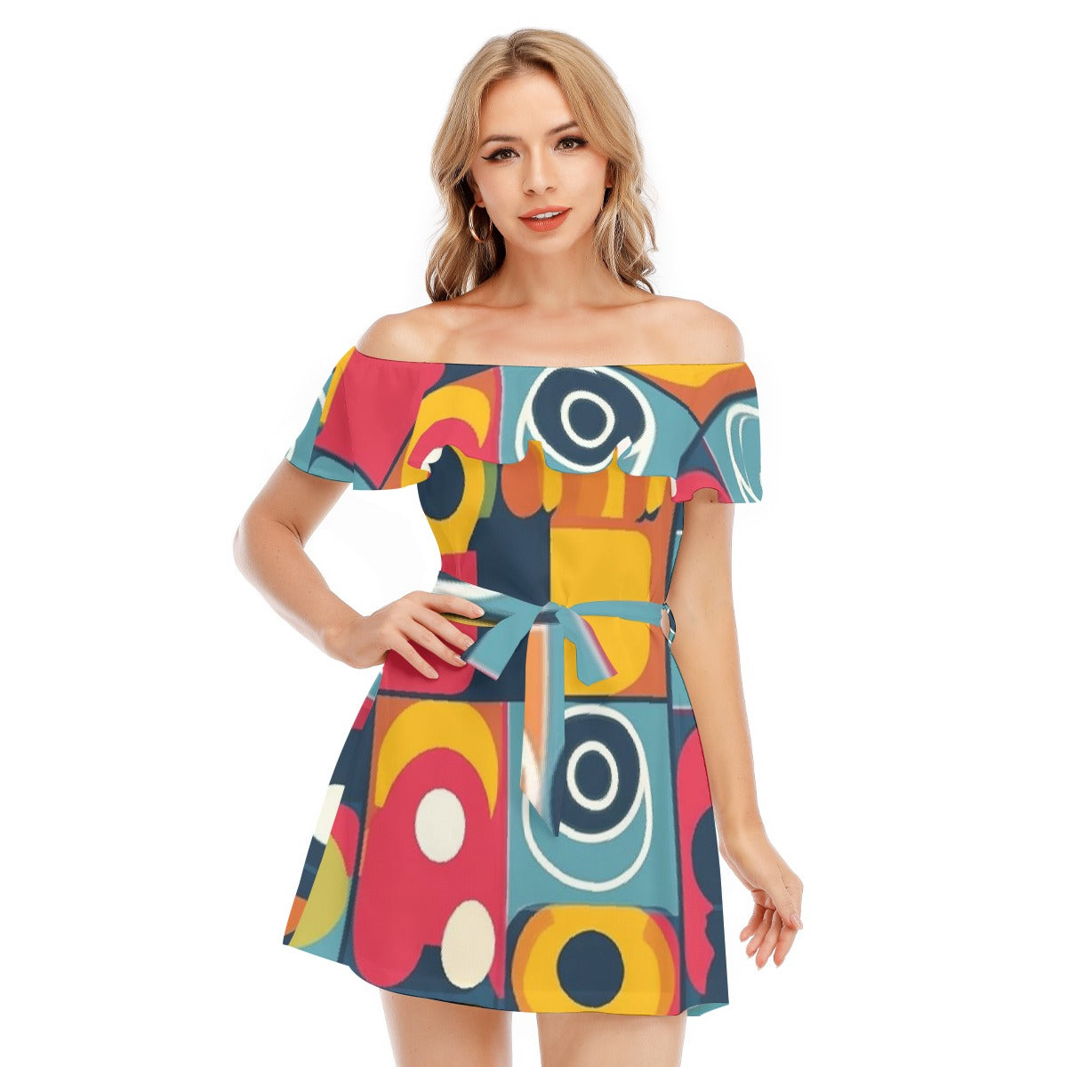 All-Over Print Women's Off-shoulder Dress With Ruffle