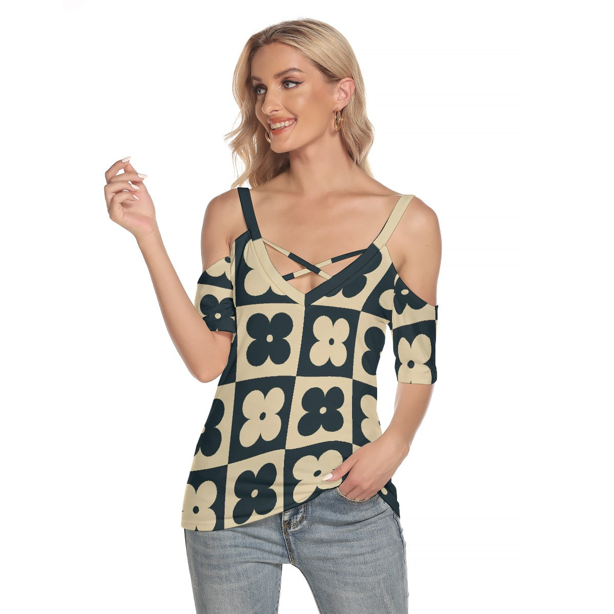 All-Over Print Women's Cold Shoulder T-shirt With Criss Cross Strips