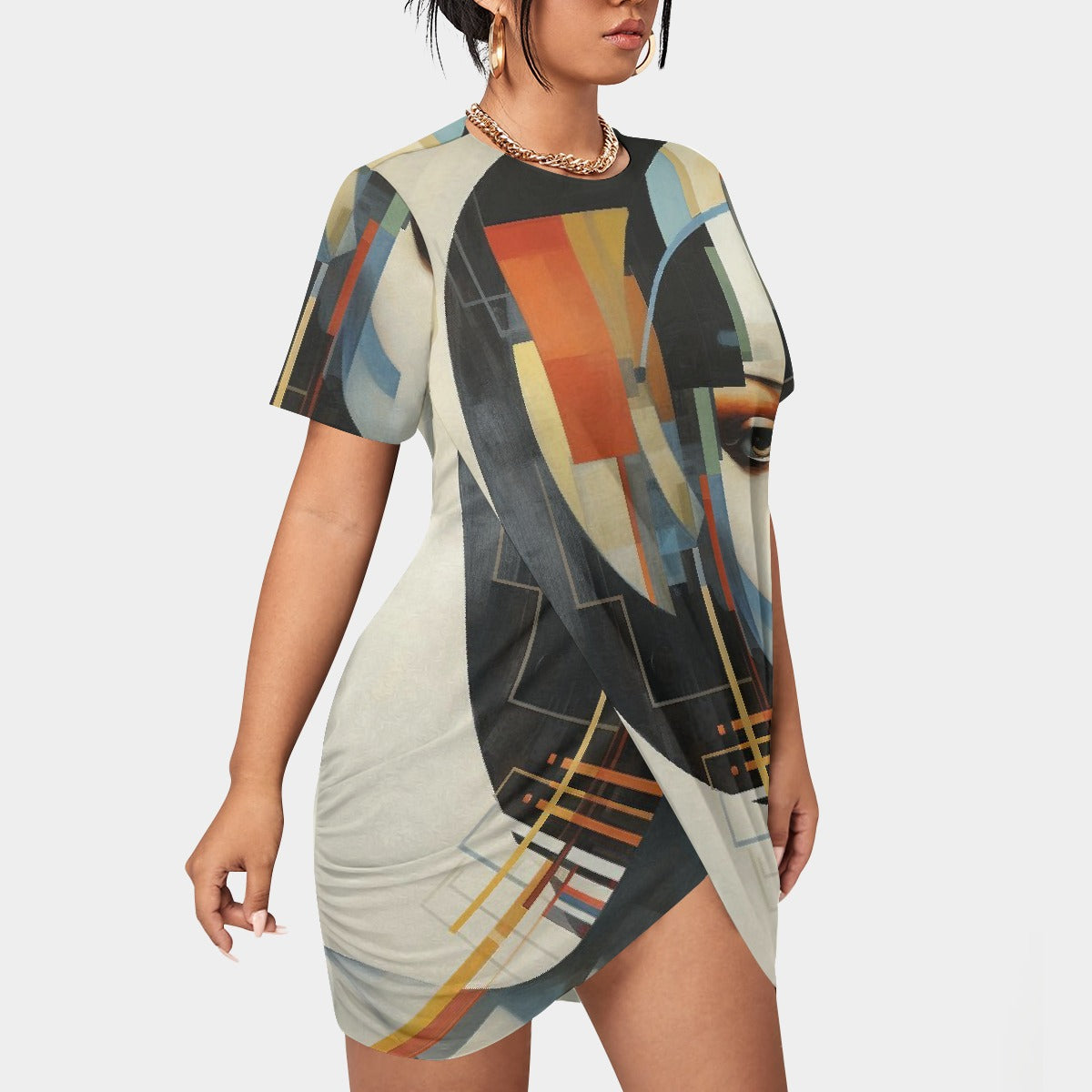 All-Over Print Women’s Stacked Hem Dress With Short Sleeve（Plus Size）