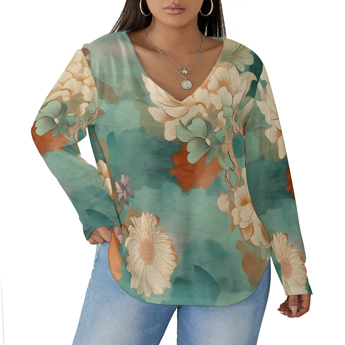 All-Over Print Women's V-neck T-shirt With Curved Hem(Plus Size)