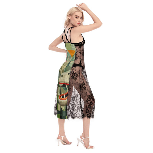 All-Over Print Women's Lace Cami Cross Back Dress