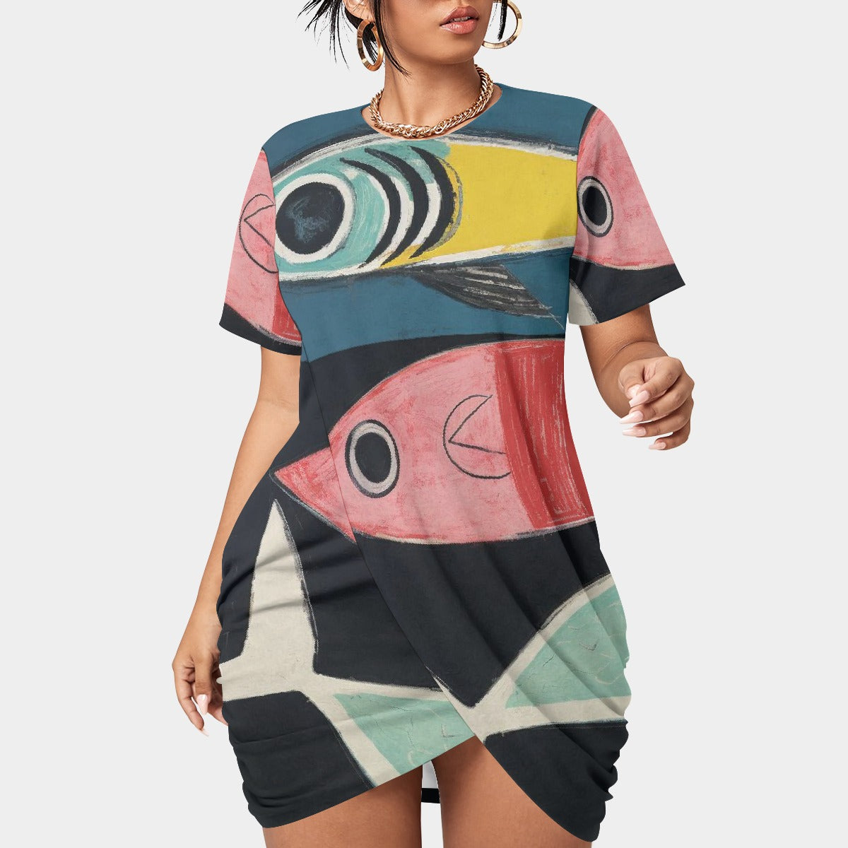 All-Over Print Women’s Stacked Hem Dress With Short Sleeve（Plus Size）