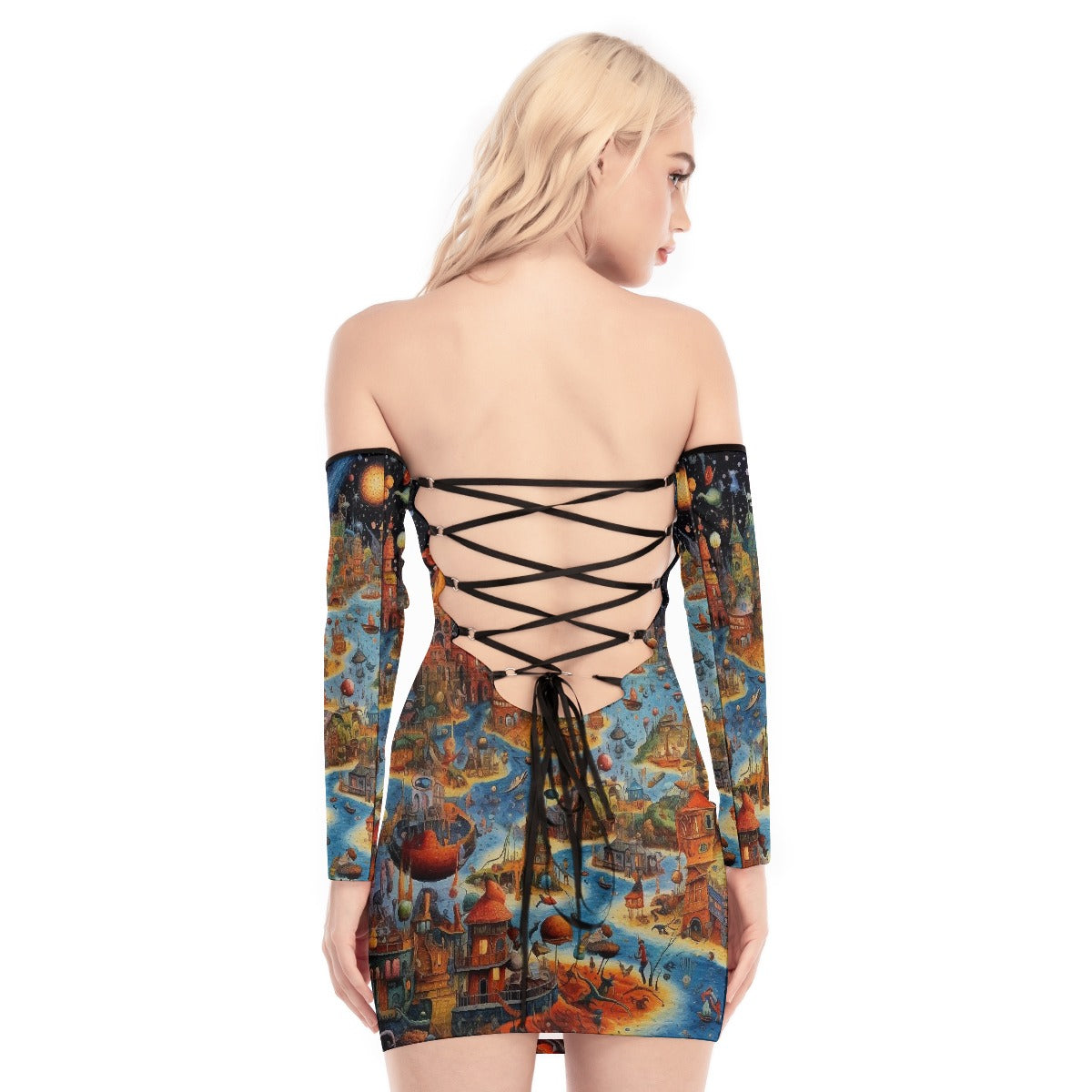 All-Over Print Women's Off-shoulder Back Lace-up Dress