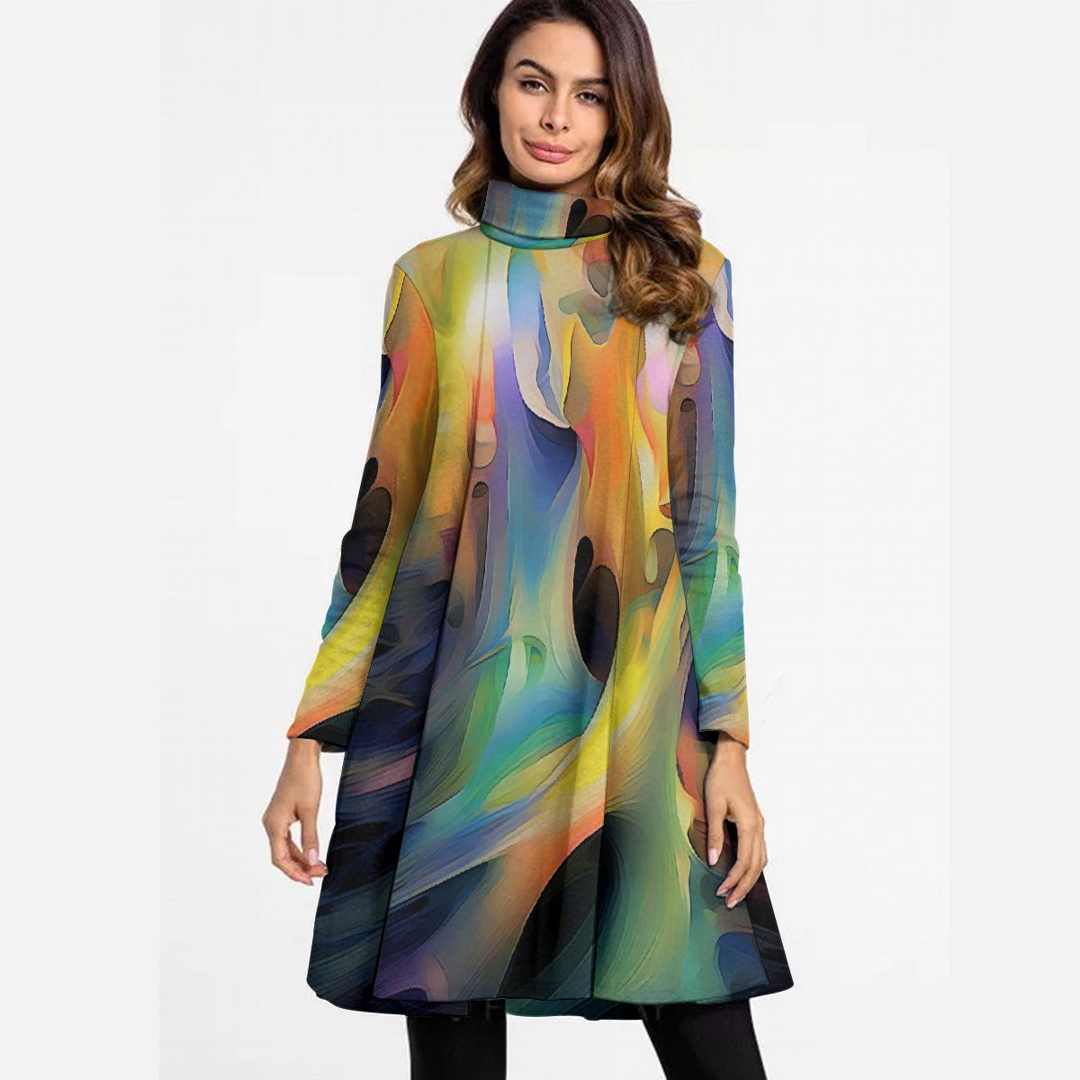 All-Over Print Women's High Neck Dress With Long Sleeve