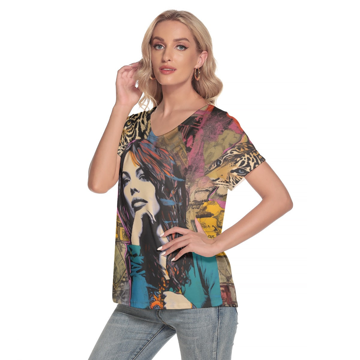 All-Over Print Women's Loose V-neck Short Sleeve T-shirt