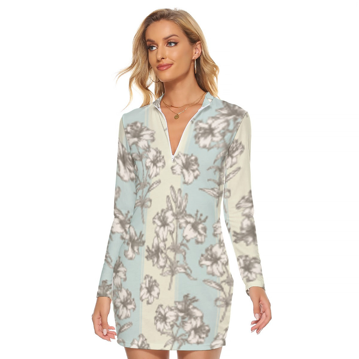 All-Over Print Women's Zip Front Tight Dress