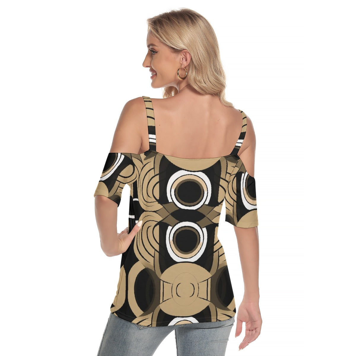 All-Over Print Women's Cold Shoulder T-shirt With Criss Cross Strips