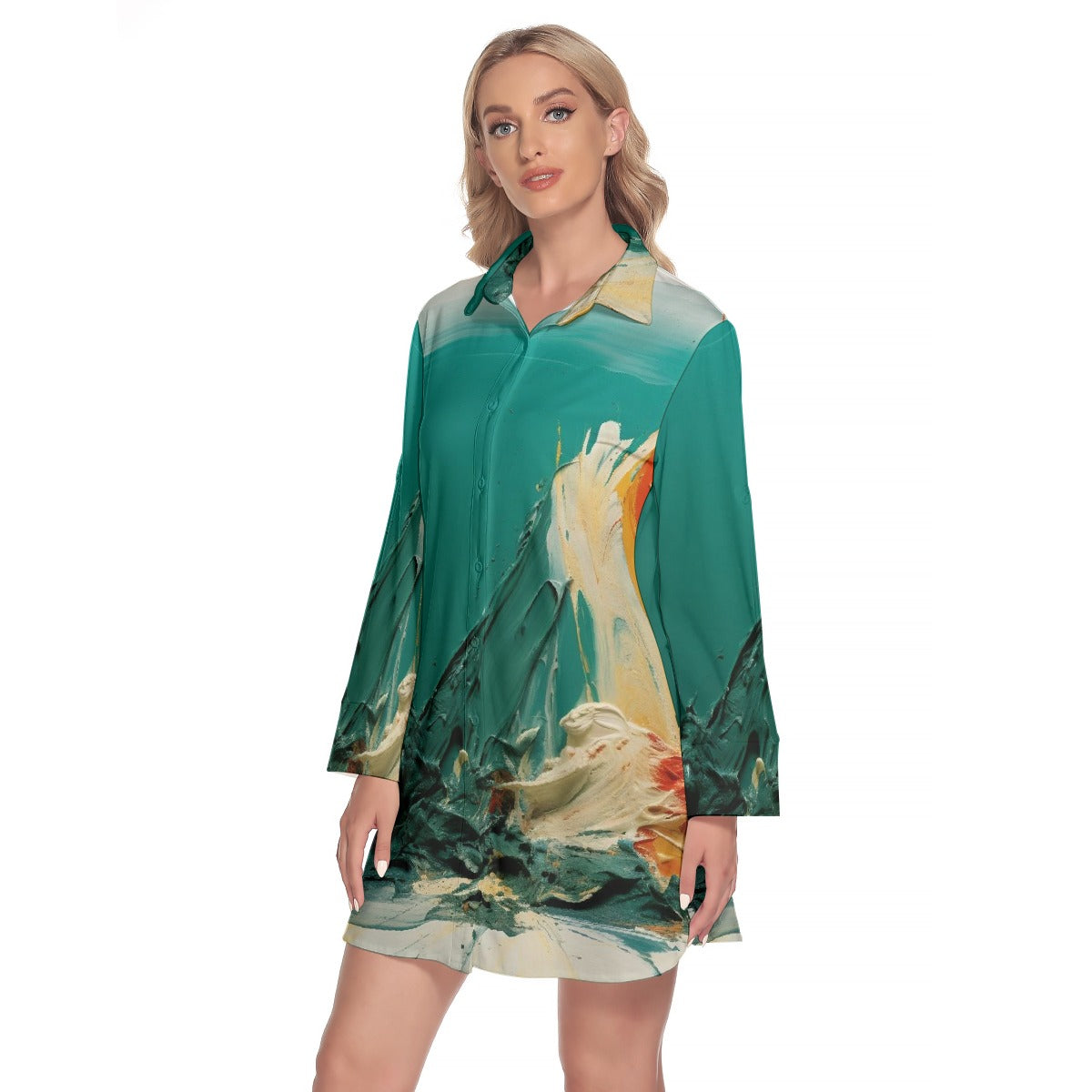 All-Over Print Women's Lapel Shirt Dress With Long Sleeve