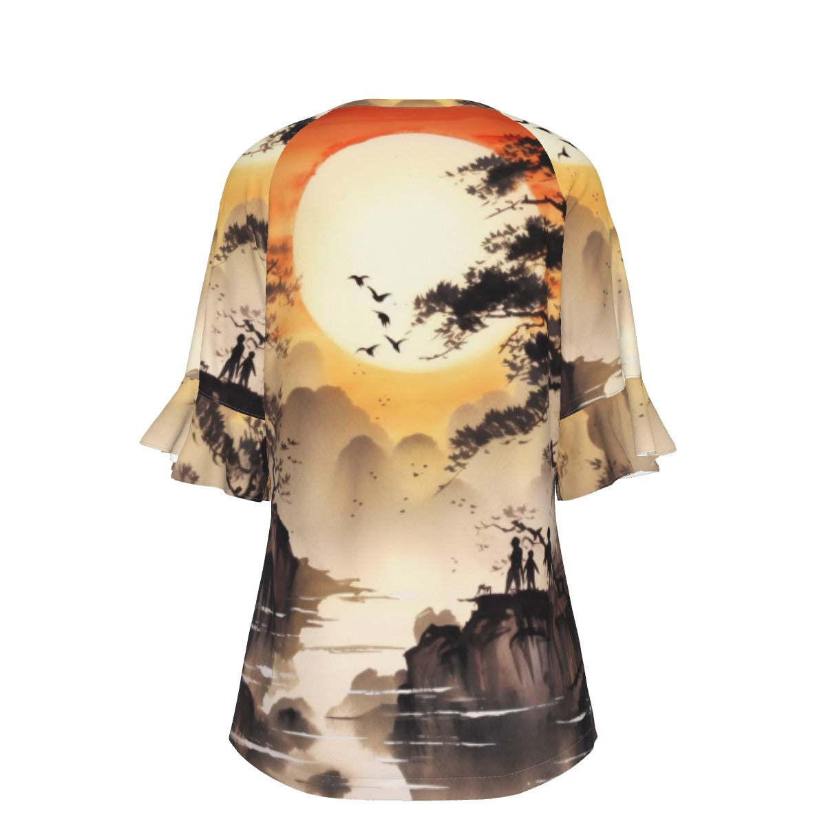 All-Over Print V-neck Women's T-shirt With Bell Sleeve