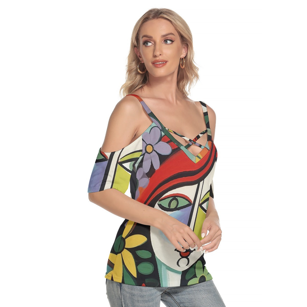 All-Over Print Women's Cold Shoulder T-shirt With Criss Cross Strips