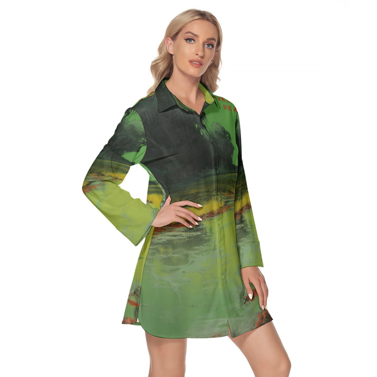 All-Over Print Women's Lapel Shirt Dress With Long Sleeve