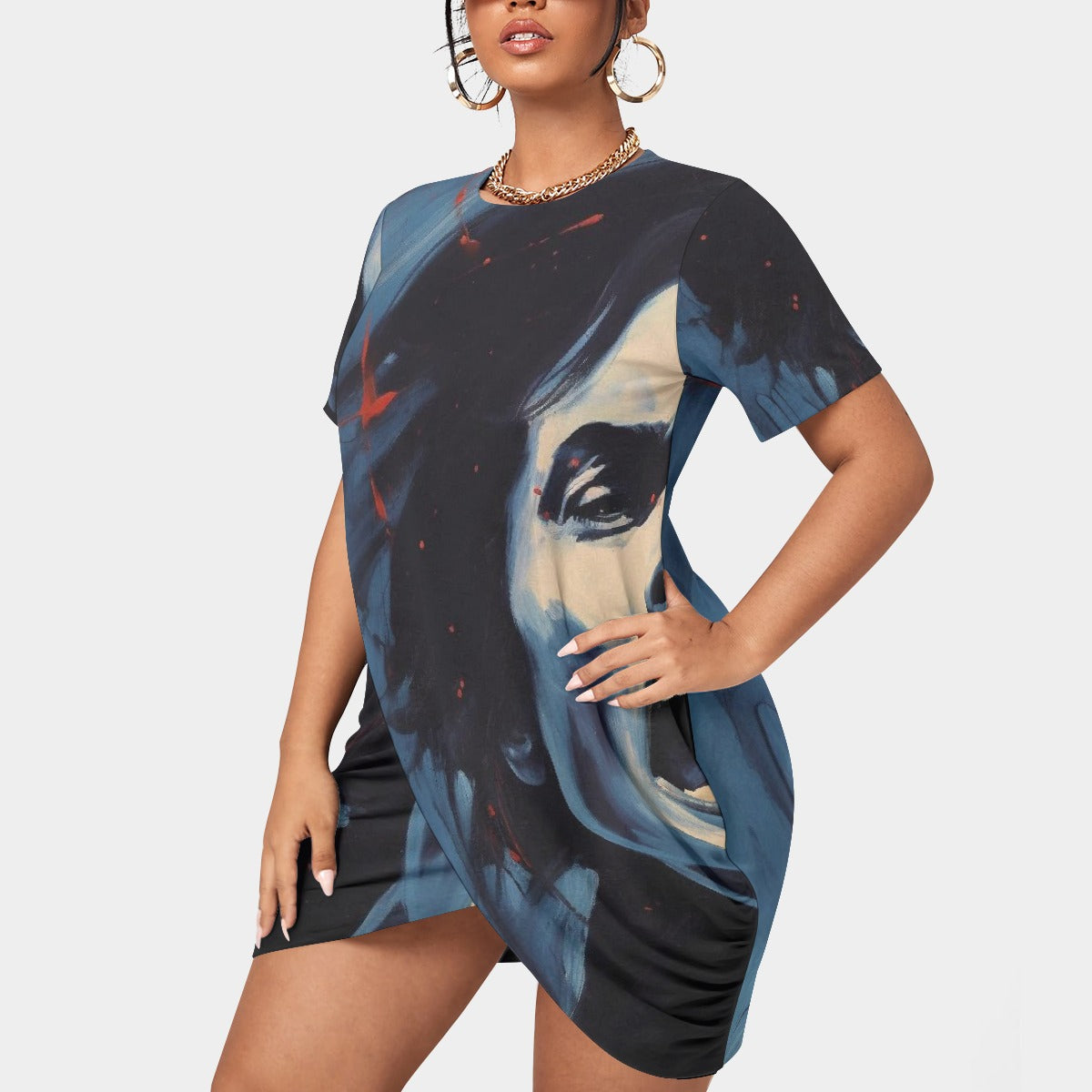 All-Over Print Women’s Stacked Hem Dress With Short Sleeve（Plus Size）