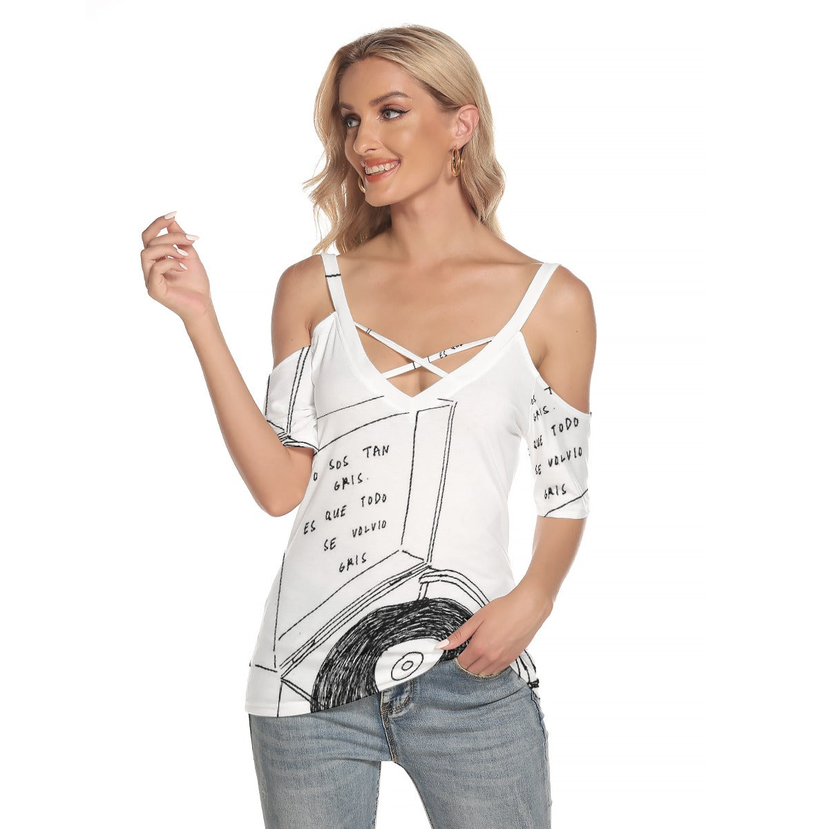 All-Over Print Women's Cold Shoulder T-shirt With Criss Cross Strips