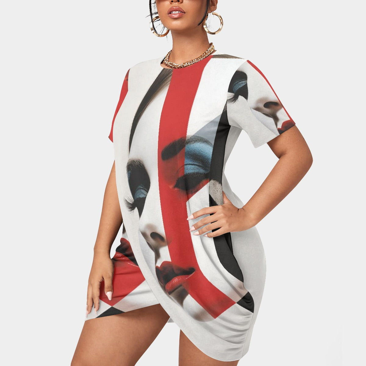 All-Over Print Women’s Stacked Hem Dress With Short Sleeve（Plus Size）