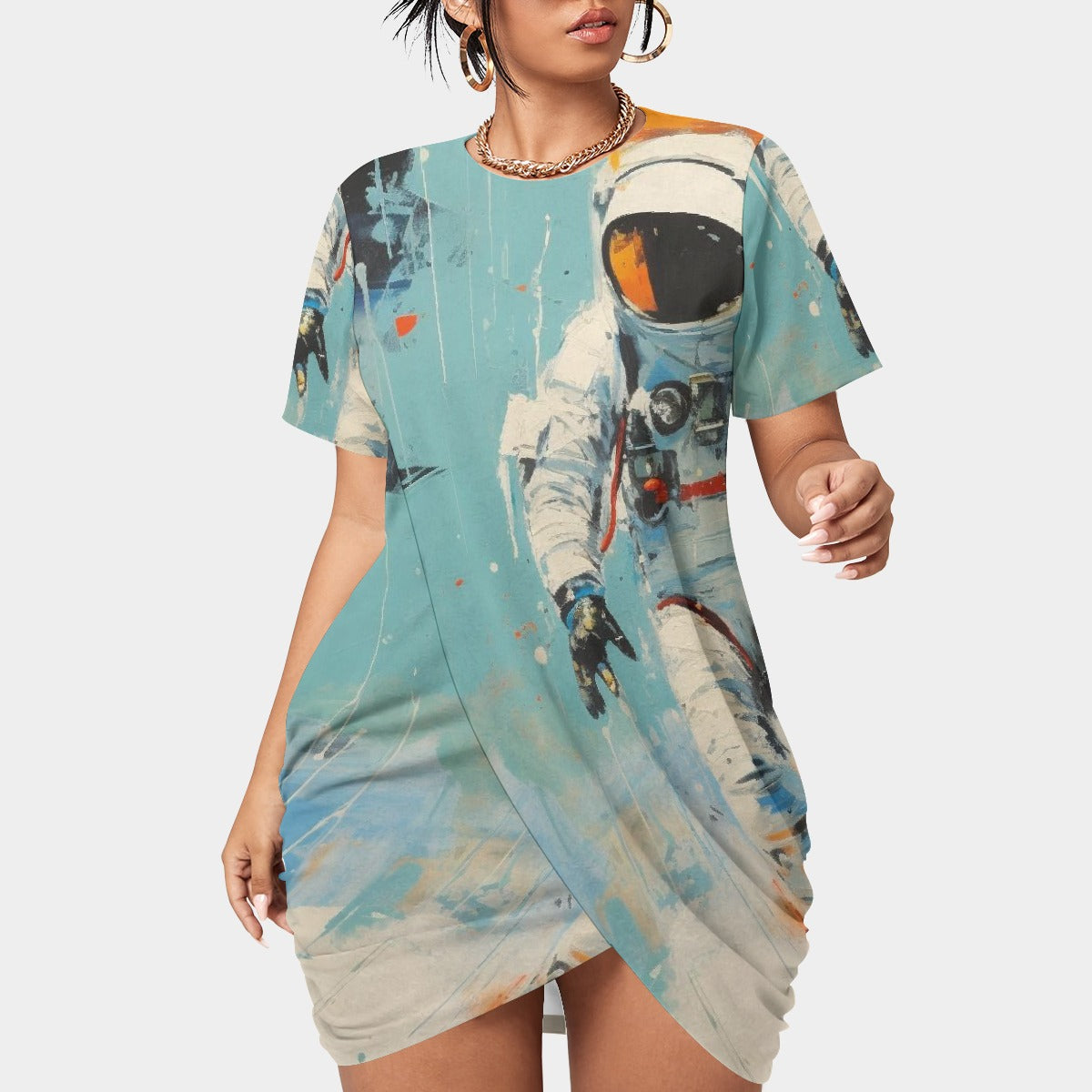 All-Over Print Women’s Stacked Hem Dress With Short Sleeve（Plus Size）