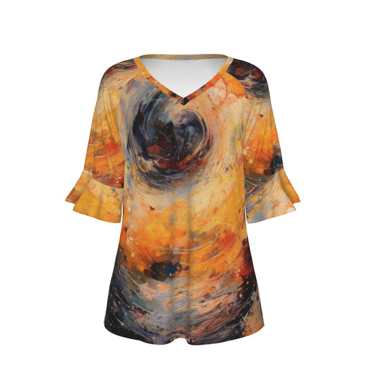 All-Over Print V-neck Women's T-shirt With Bell Sleeve