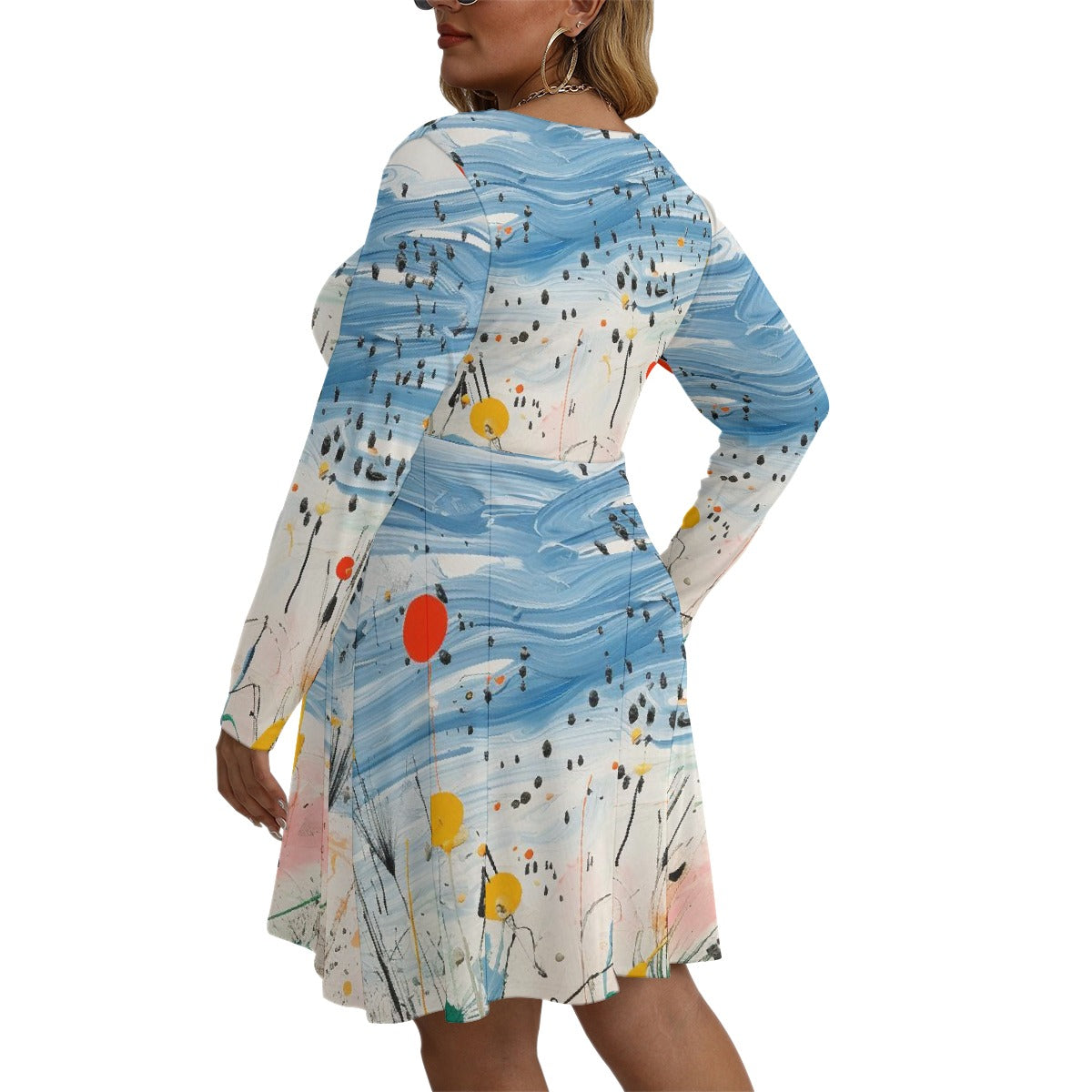 All-Over Print Women's V-neck Long Sleeve Dress(Plus Size)