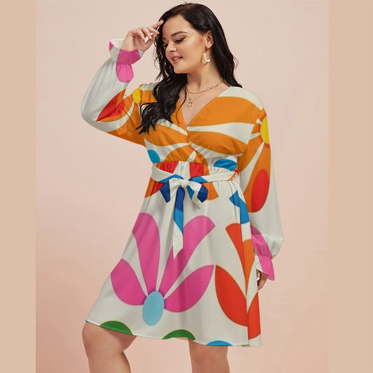 All-Over Print Women's V-neck Dress With Waistband(Plus Size)