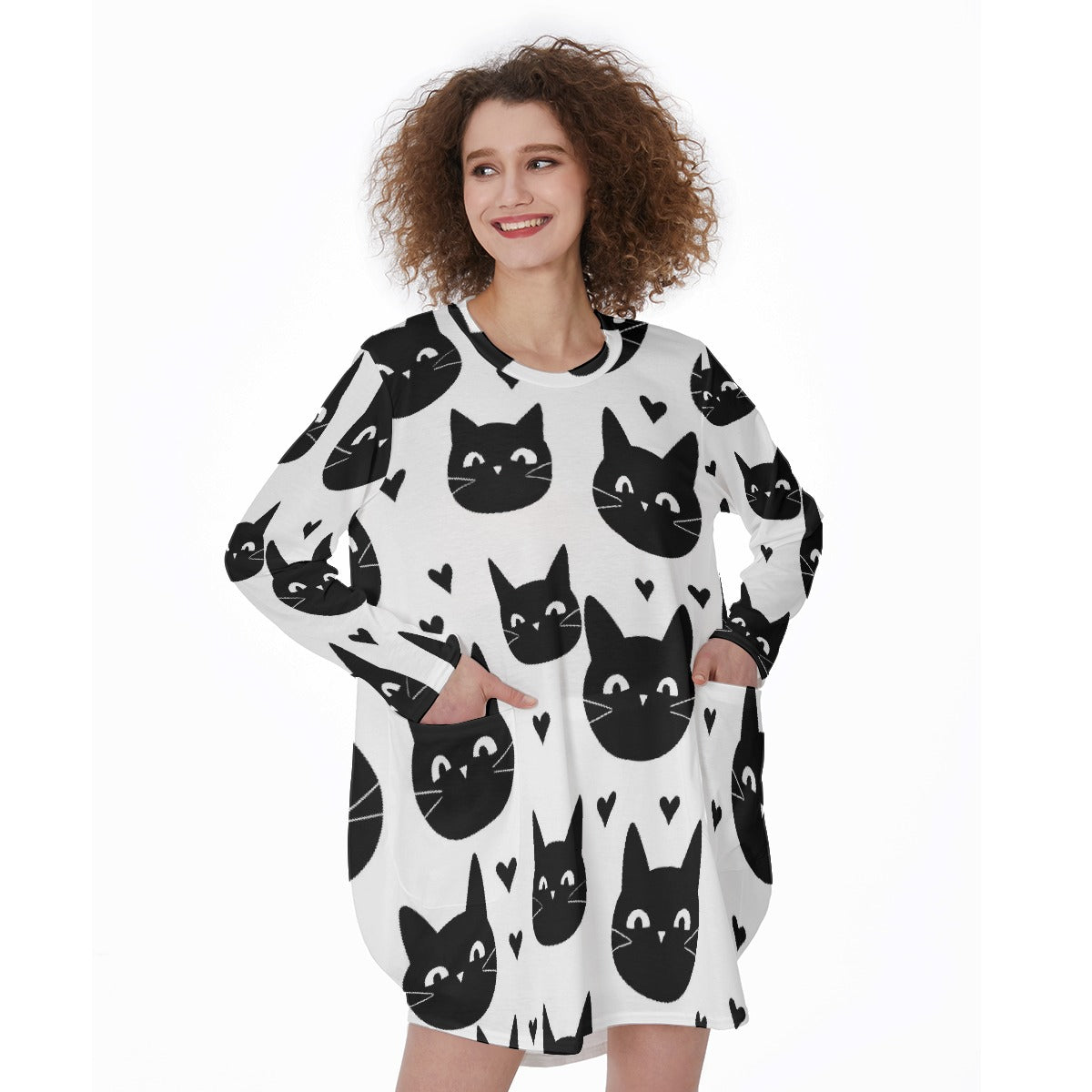 All-Over Print Women's Casual Loose Long Sleeve Dress With Pocket