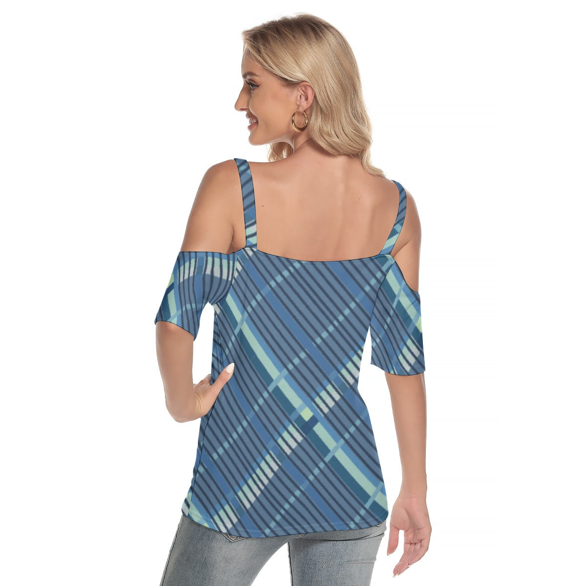 All-Over Print Women's Cold Shoulder T-shirt With Criss Cross Strips