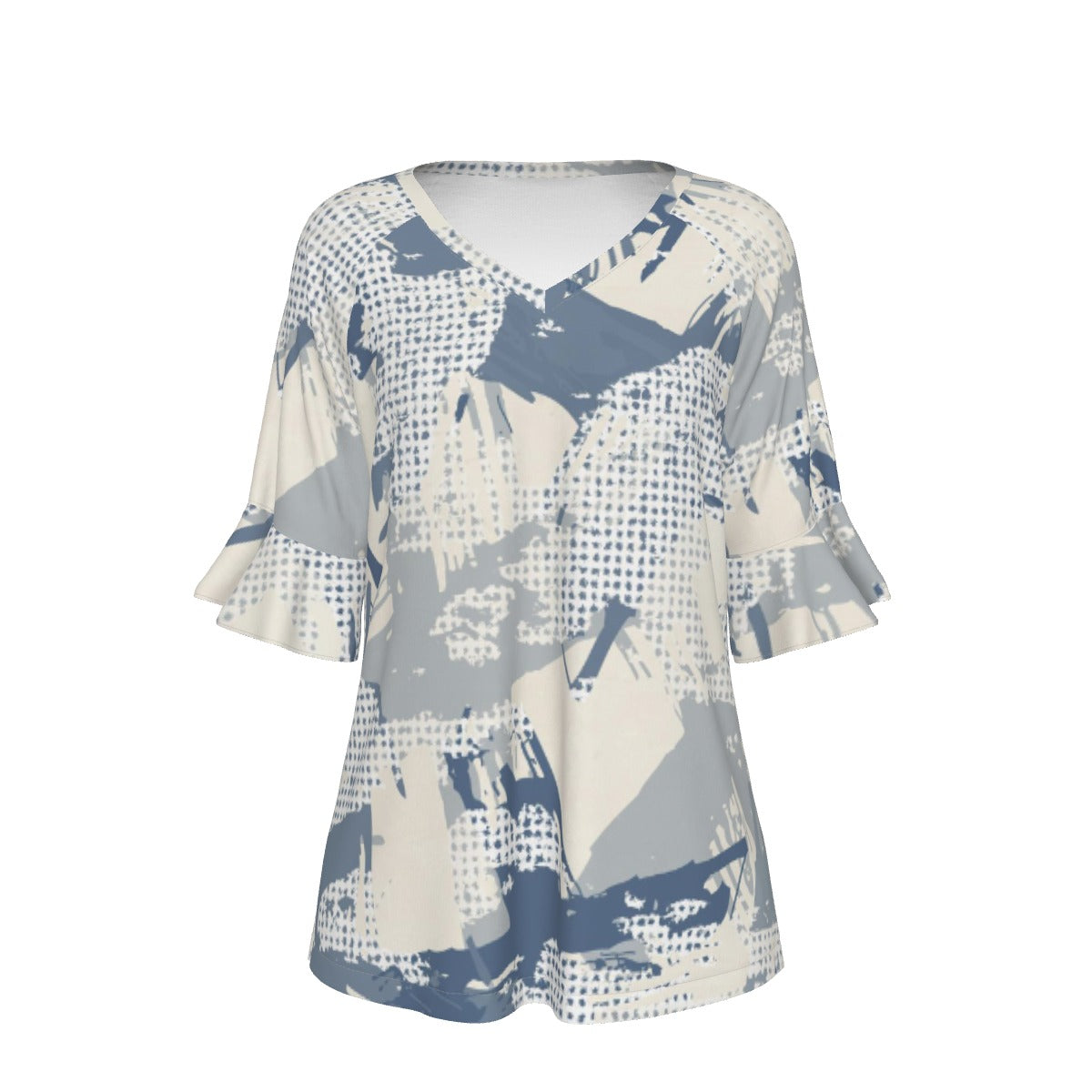 All-Over Print V-neck Women's T-shirt With Bell Sleeve