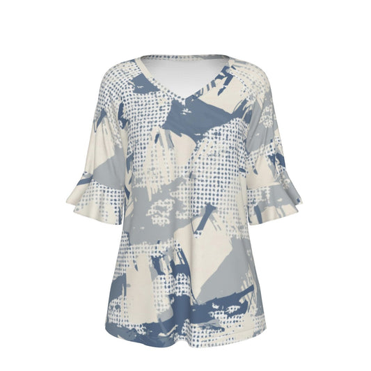 All-Over Print V-neck Women's T-shirt With Bell Sleeve