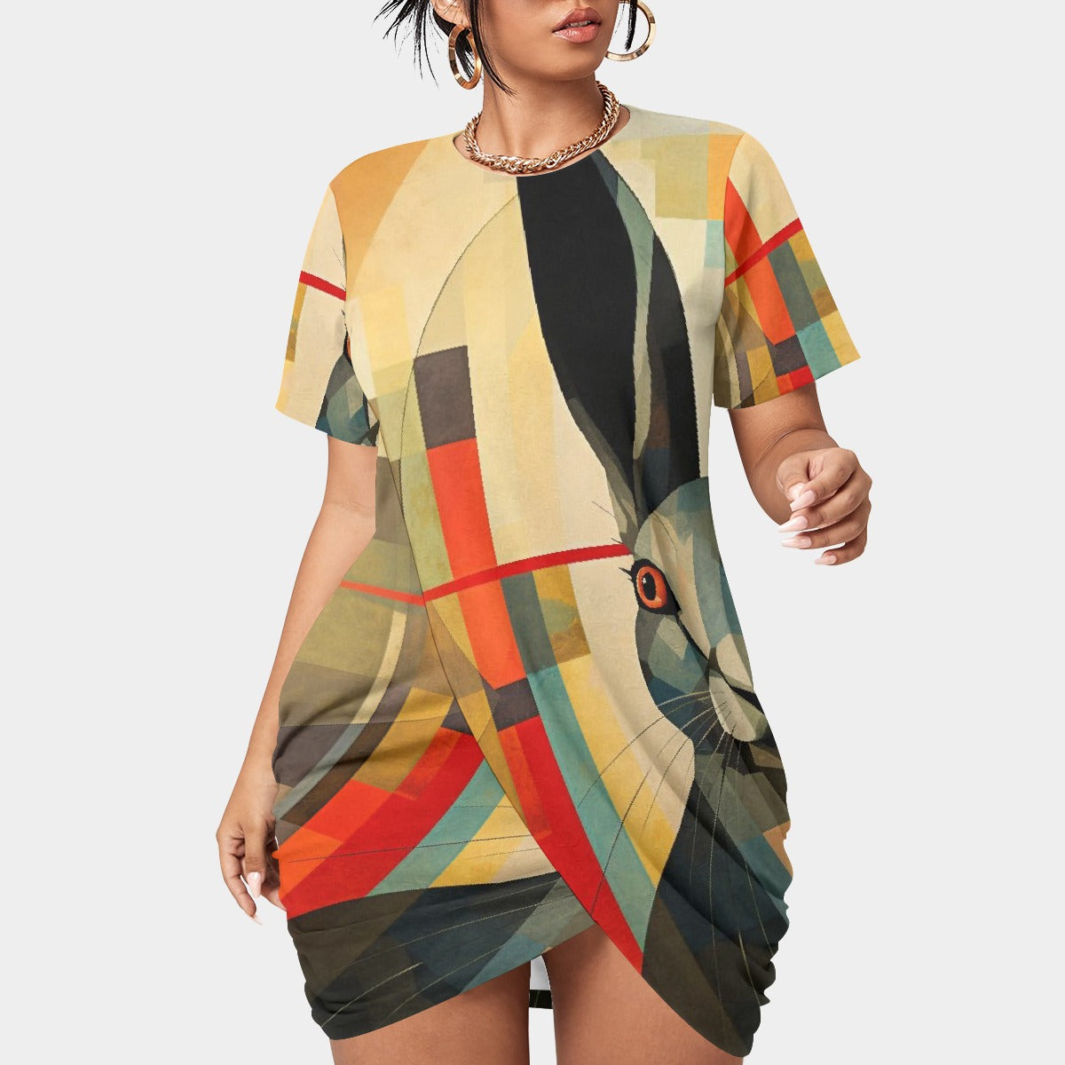 All-Over Print Women’s Stacked Hem Dress With Short Sleeve（Plus Size）