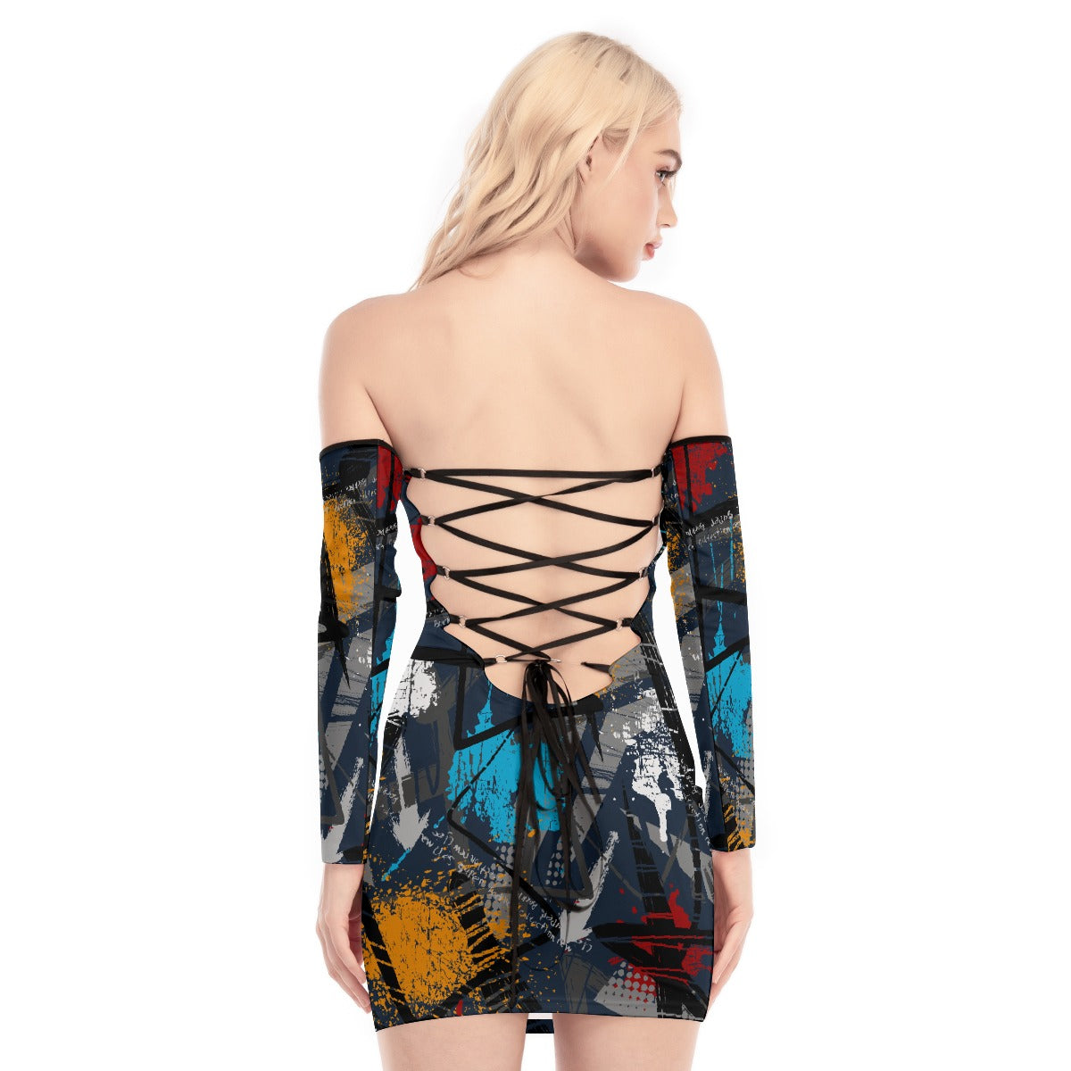 All-Over Print Women's Off-shoulder Back Lace-up Dress