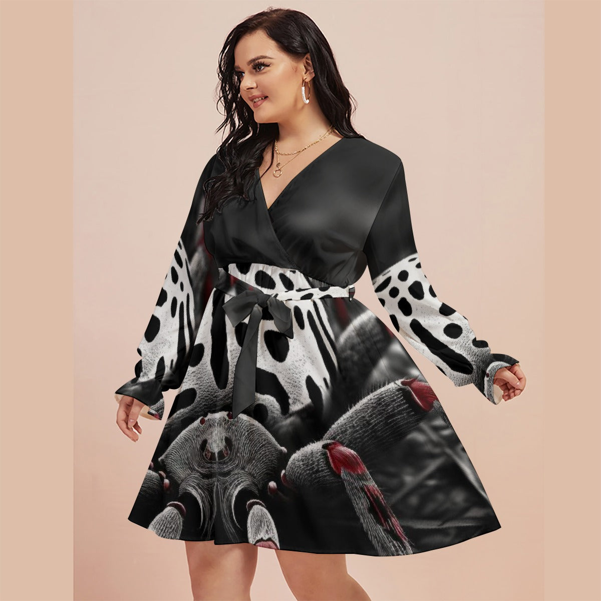 All-Over Print Women's V-neck Dress With Waistband(Plus Size)