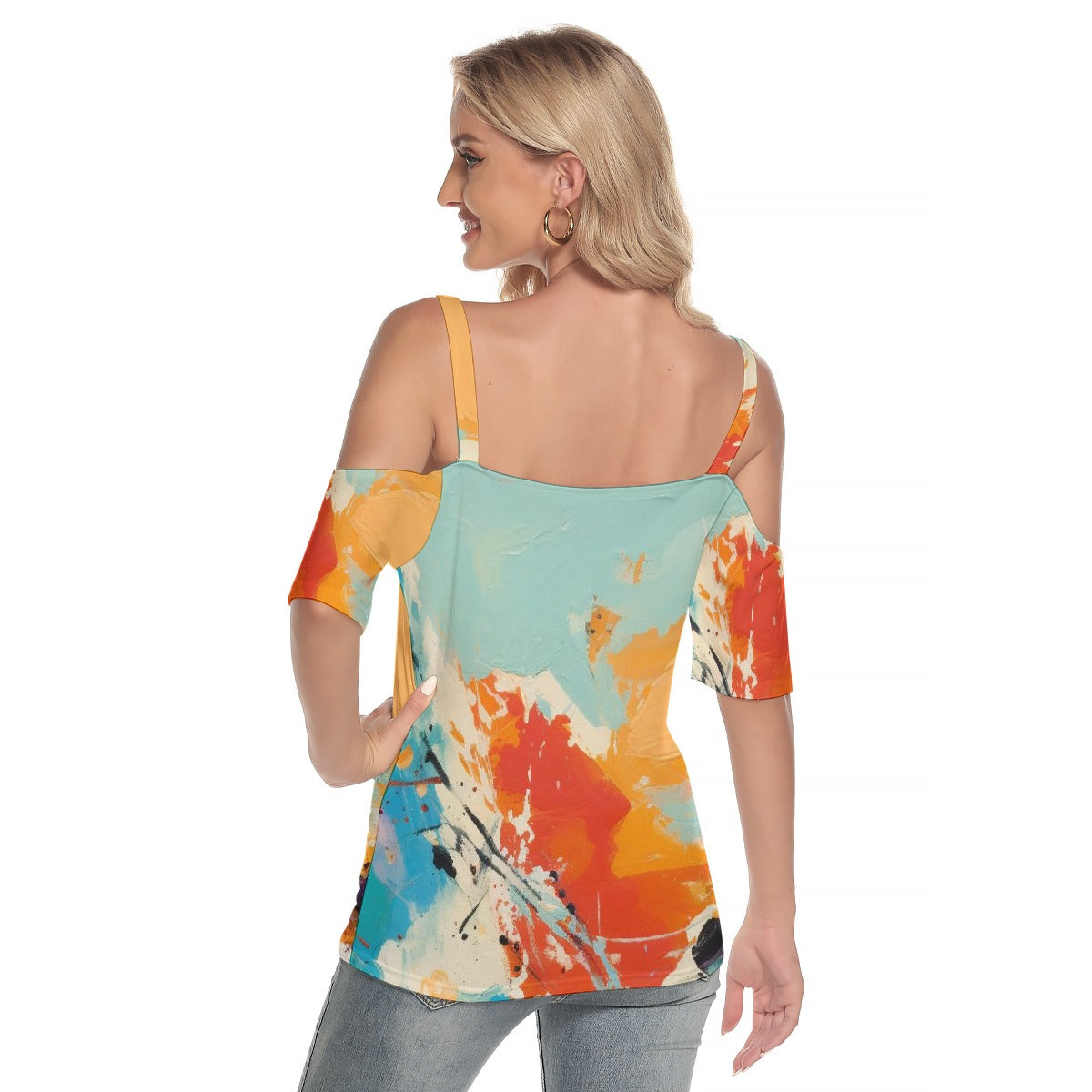 All-Over Print Women's Cold Shoulder T-shirt With Criss Cross Strips