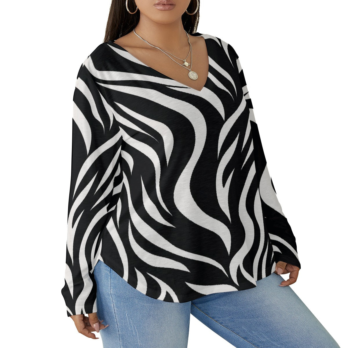 All-Over Print Women's V-neck T-shirt With Curved Hem(Plus Size)