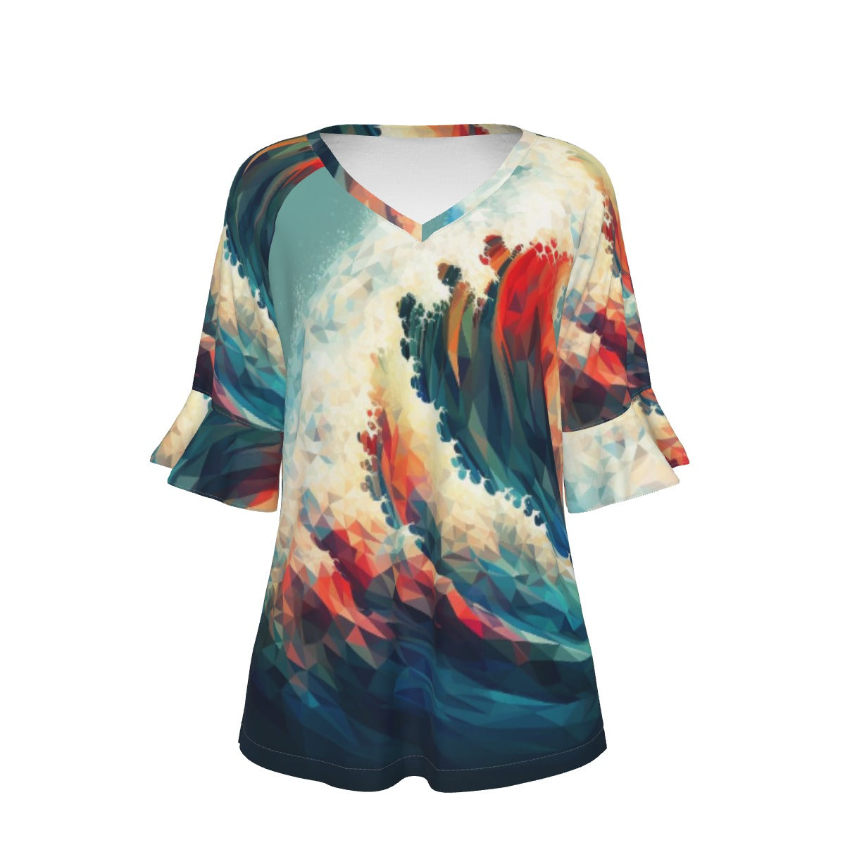 All-Over Print V-neck Women's T-shirt With Bell Sleeve