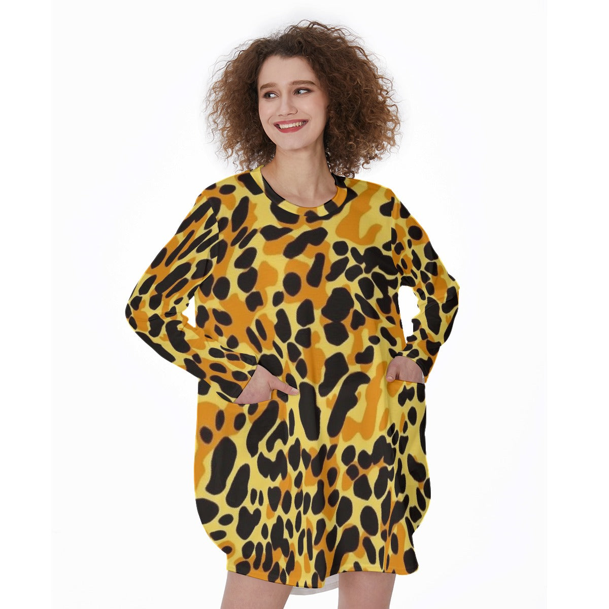 All-Over Print Women's Casual Loose Long Sleeve Dress With Pocket