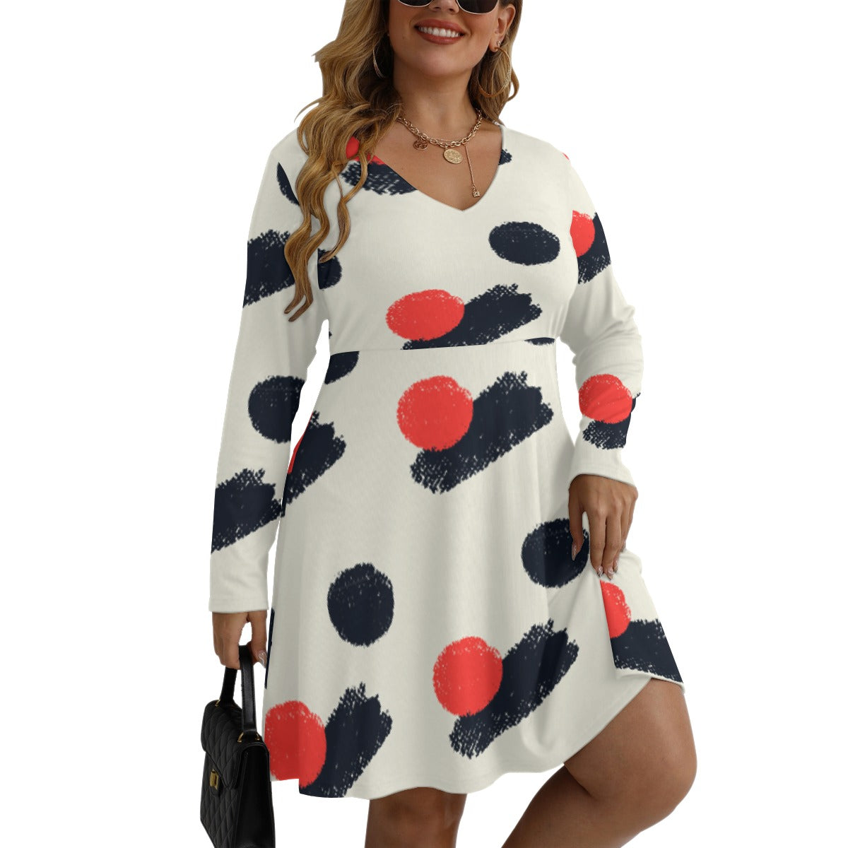 All-Over Print Women's V-neck Long Sleeve Dress(Plus Size)