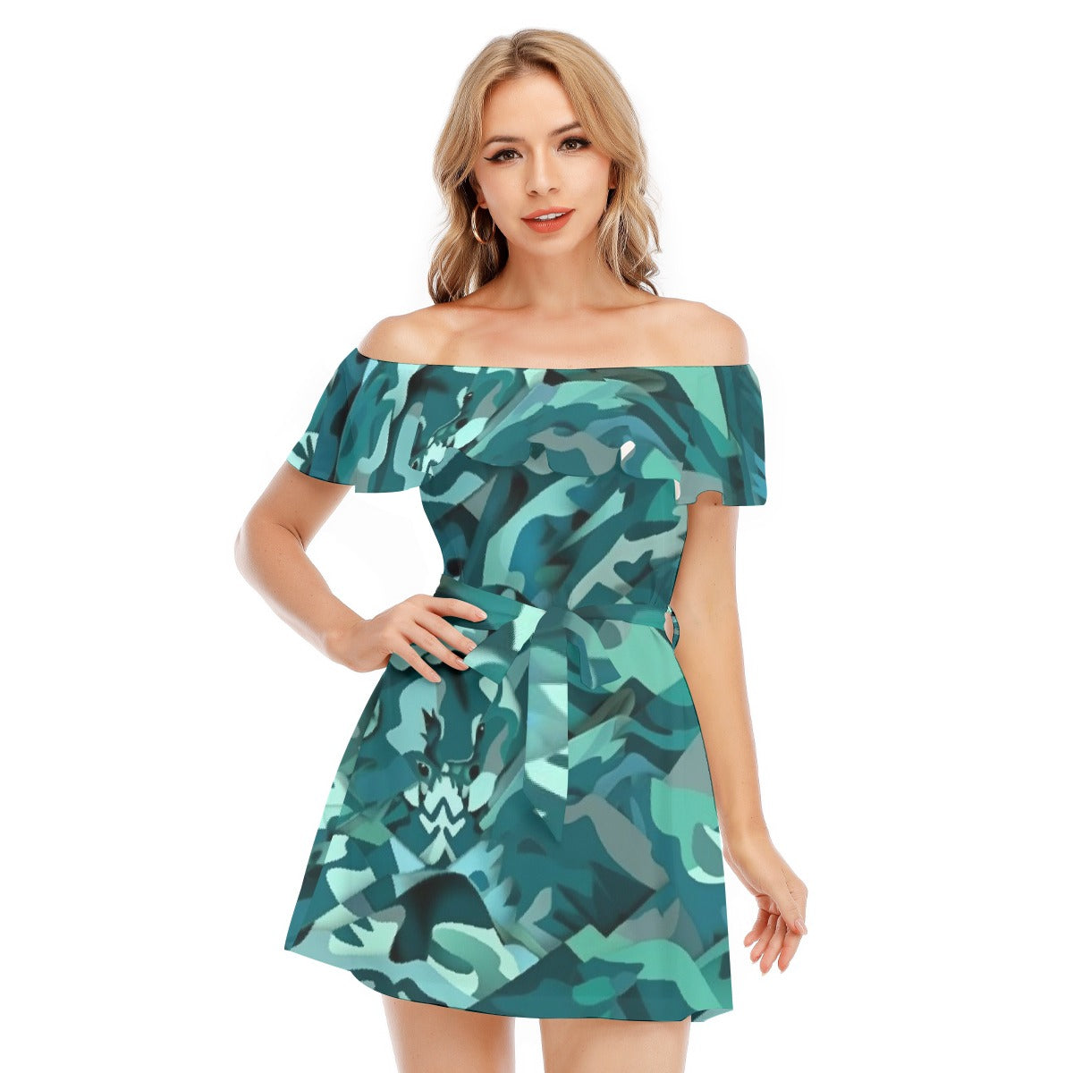 All-Over Print Women's Off-shoulder Dress With Ruffle