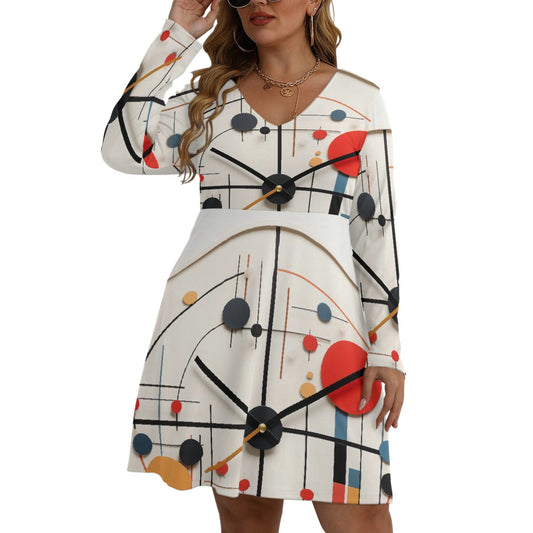 All-Over Print Women's V-neck Long Sleeve Dress(Plus Size)