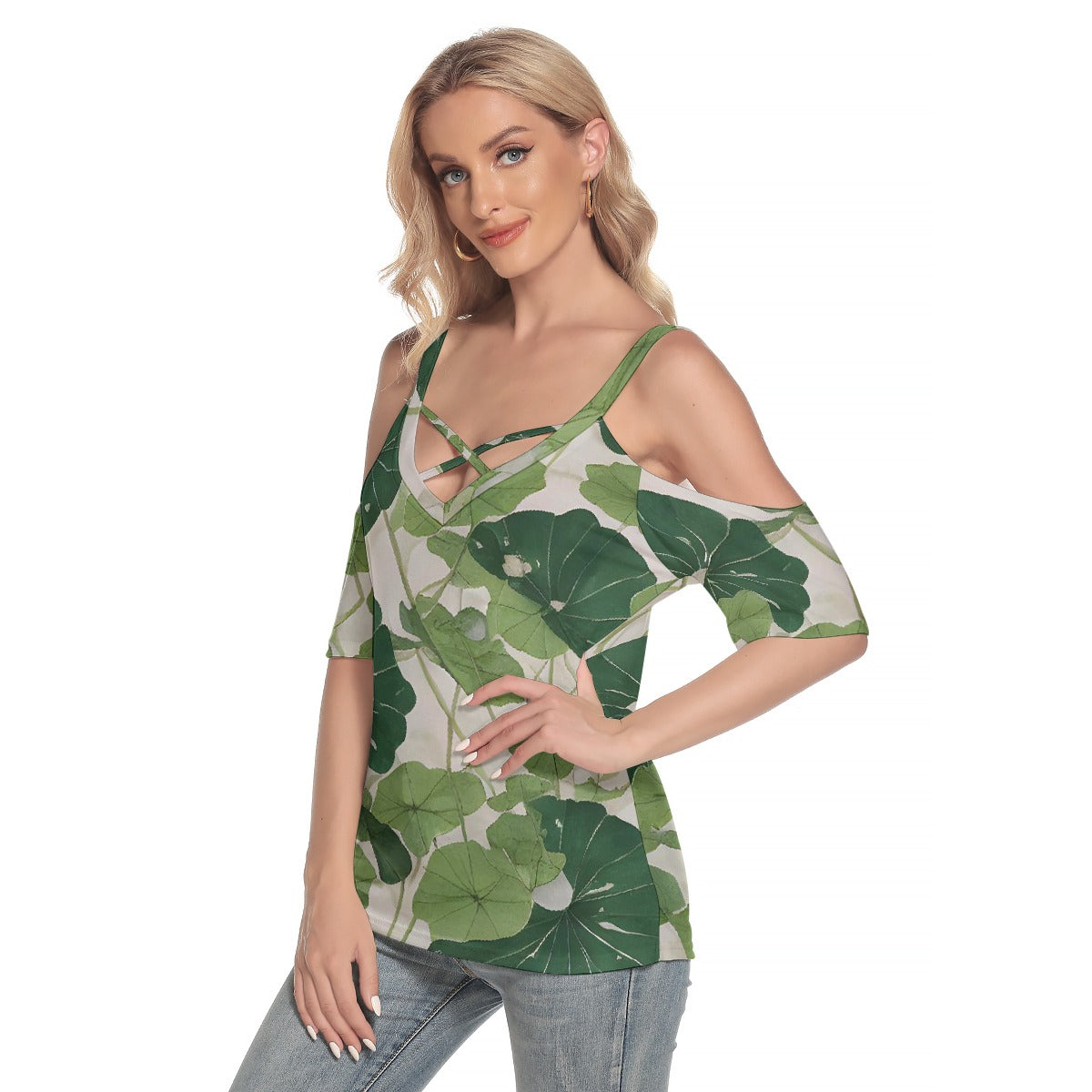 All-Over Print Women's Cold Shoulder T-shirt With Criss Cross Strips