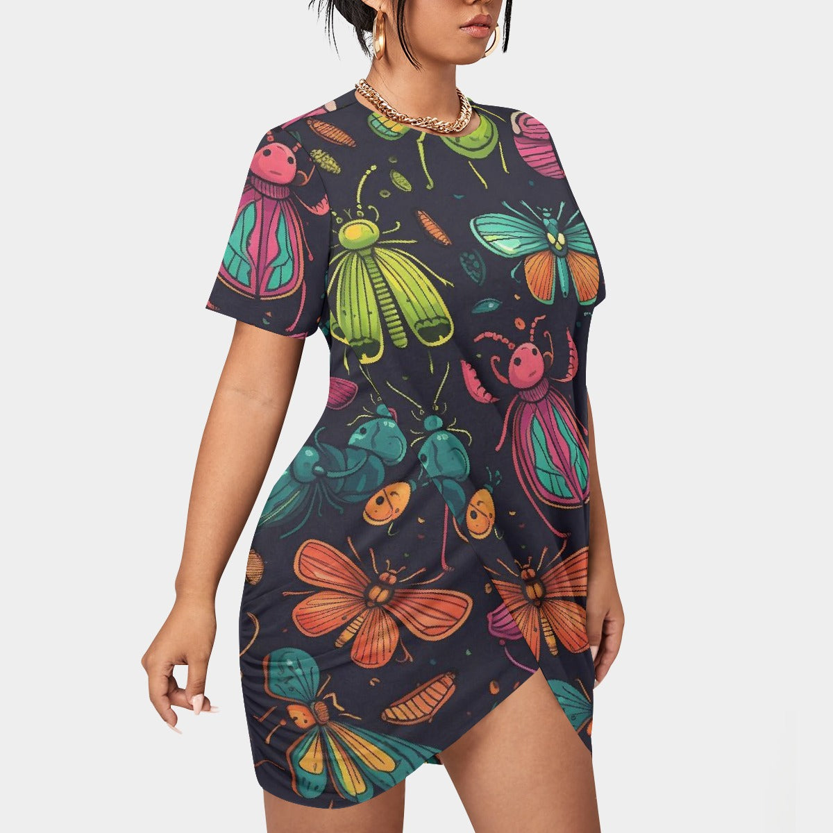 All-Over Print Women’s Stacked Hem Dress With Short Sleeve（Plus Size）