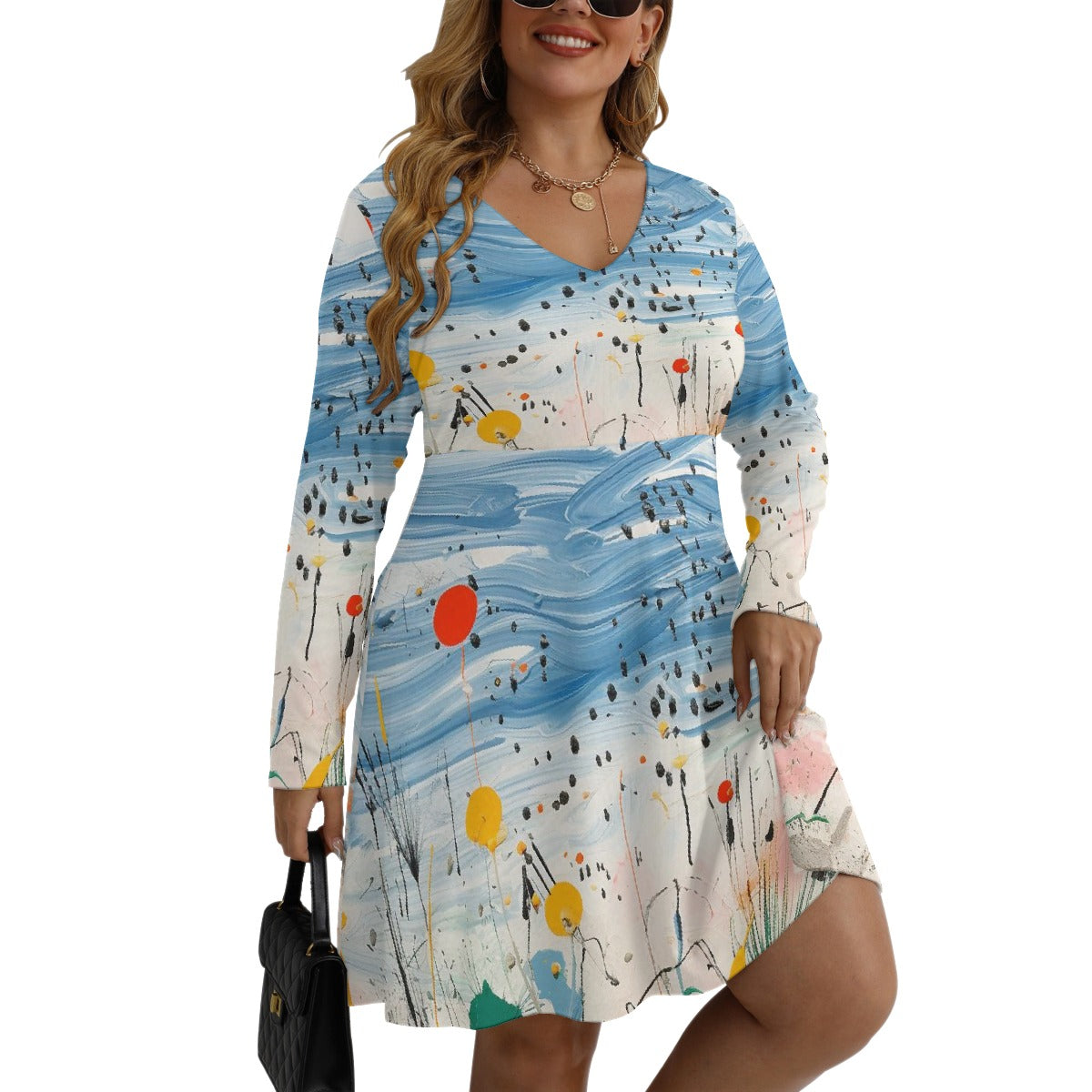 All-Over Print Women's V-neck Long Sleeve Dress(Plus Size)