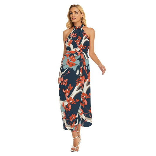 All-Over Print Women's Wrap Hem Belted Halter Dress