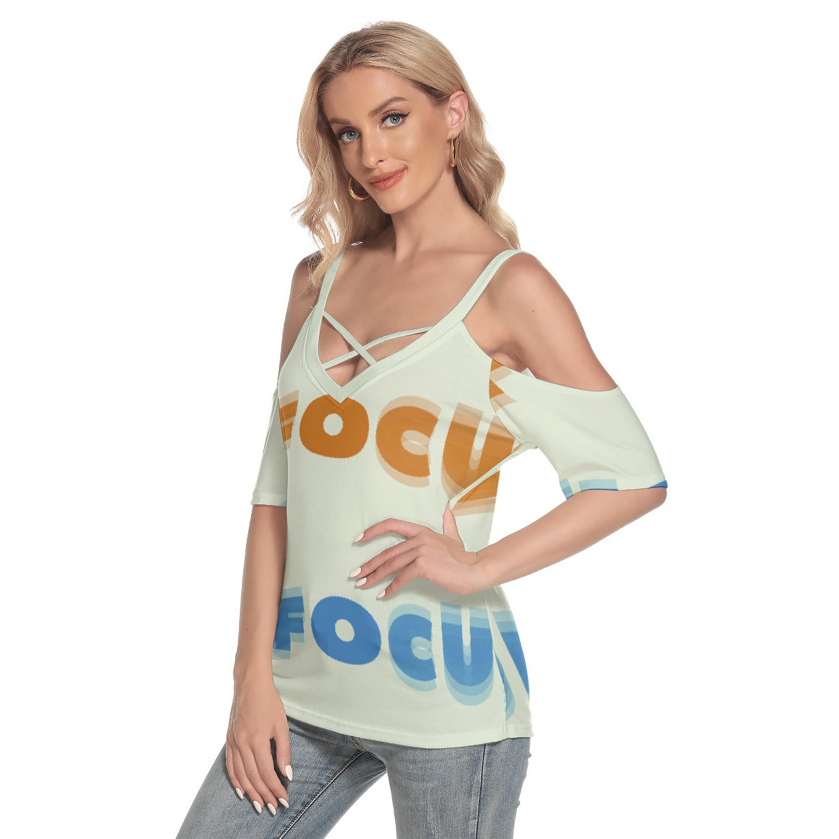 All-Over Print Women's Cold Shoulder T-shirt With Criss Cross Strips