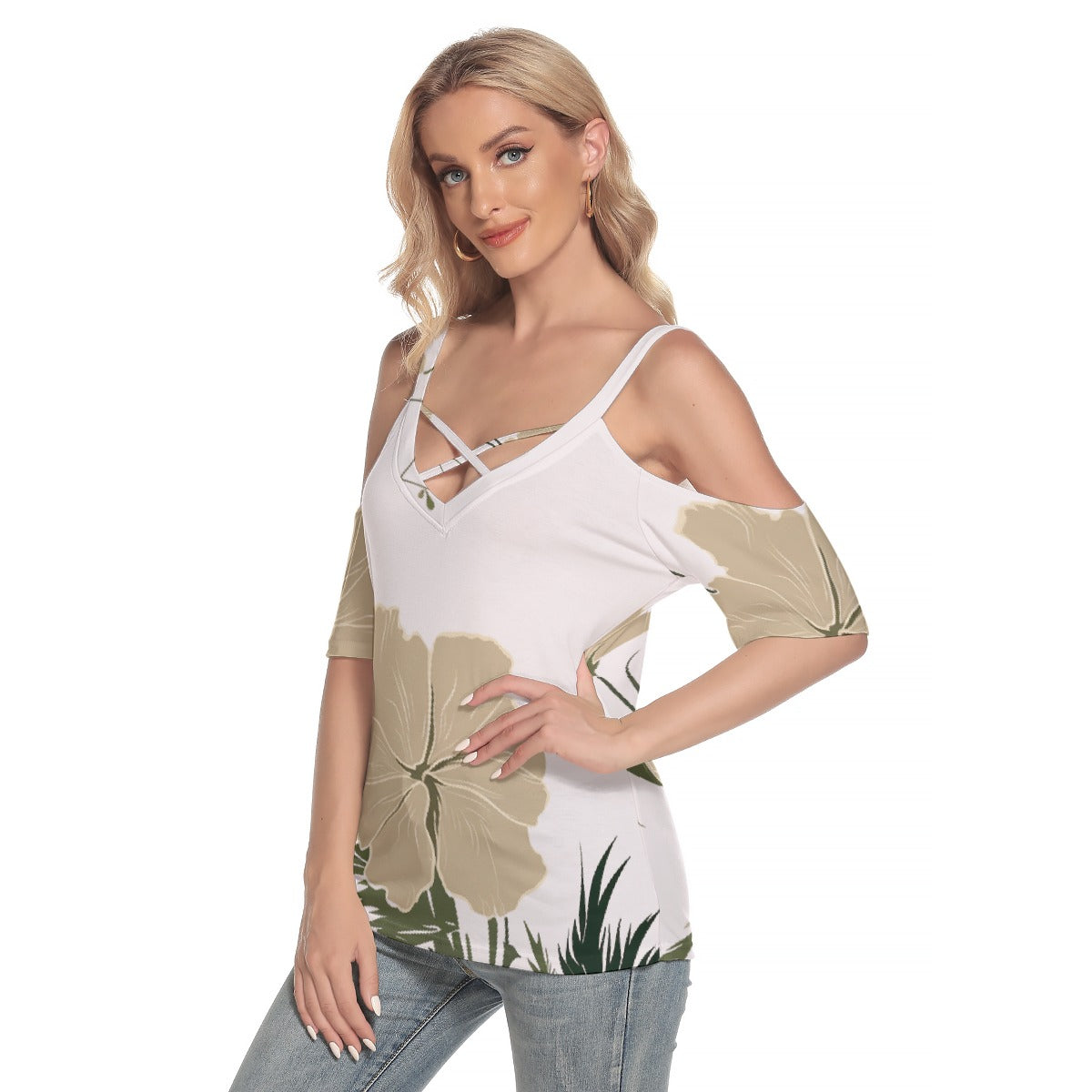 All-Over Print Women's Cold Shoulder T-shirt With Criss Cross Strips