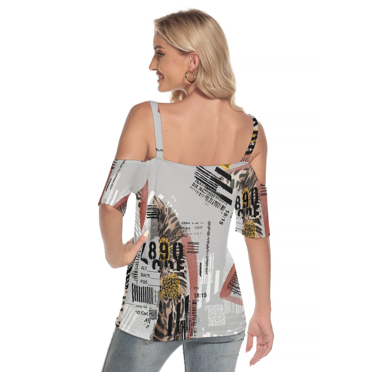 All-Over Print Women's Cold Shoulder T-shirt With Criss Cross Strips