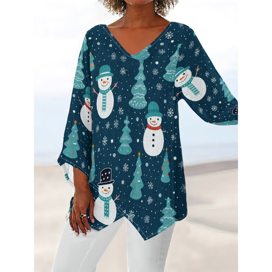 All-Over Print Women's V-neck T-shirt With Irregular Hem