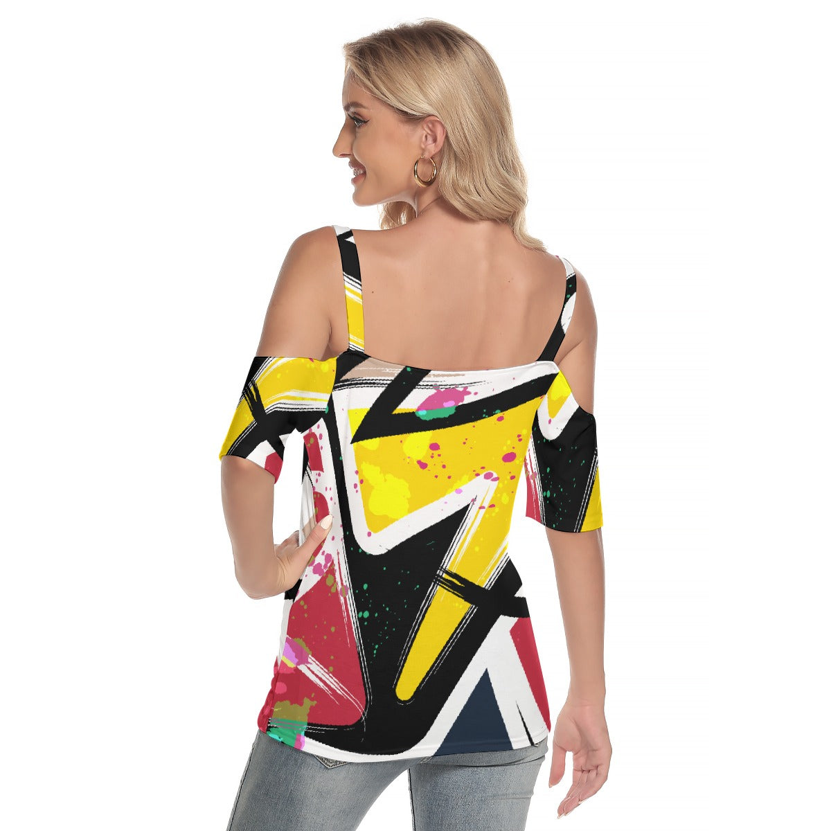 All-Over Print Women's Cold Shoulder T-shirt With Criss Cross Strips