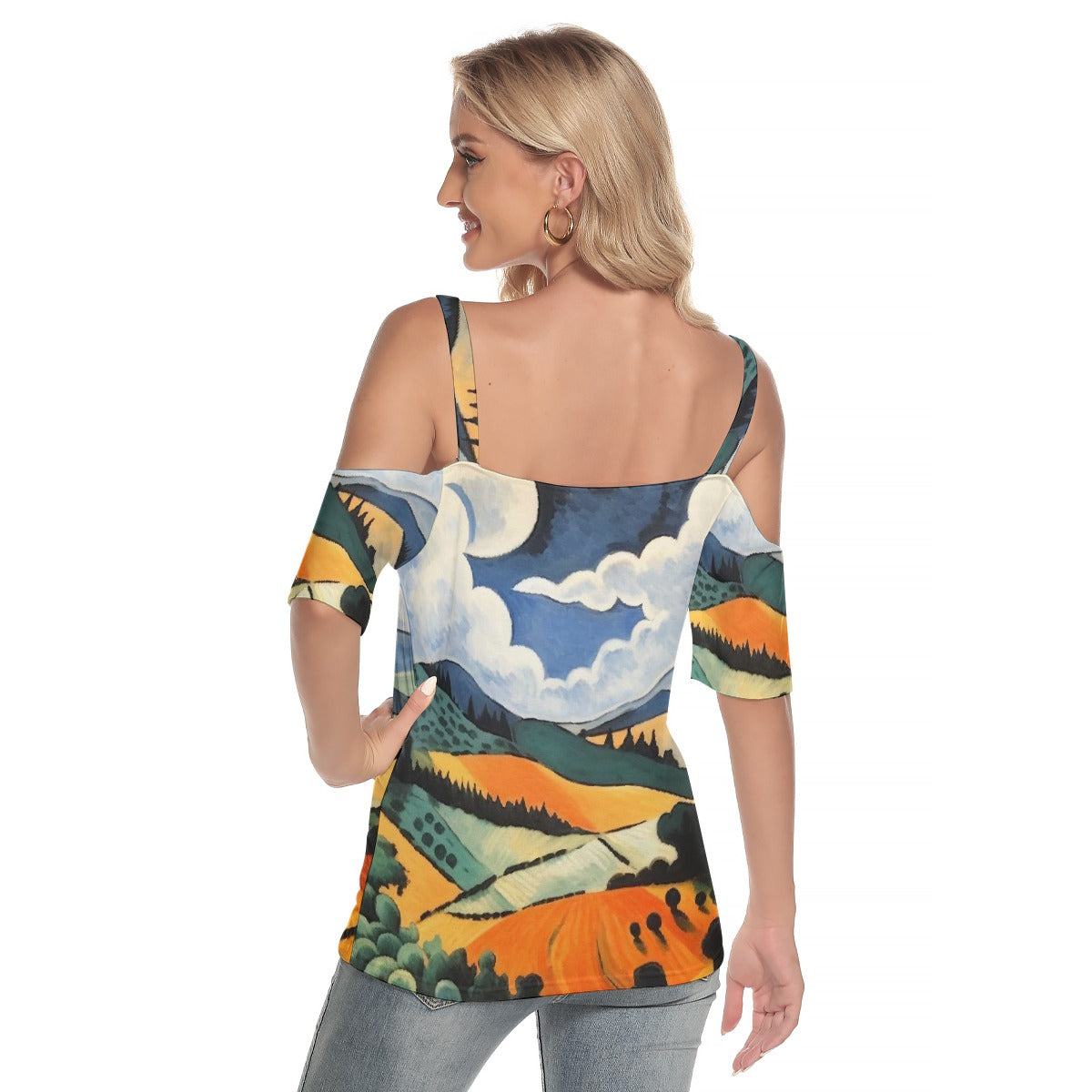 All-Over Print Women's Cold Shoulder T-shirt With Criss Cross Strips