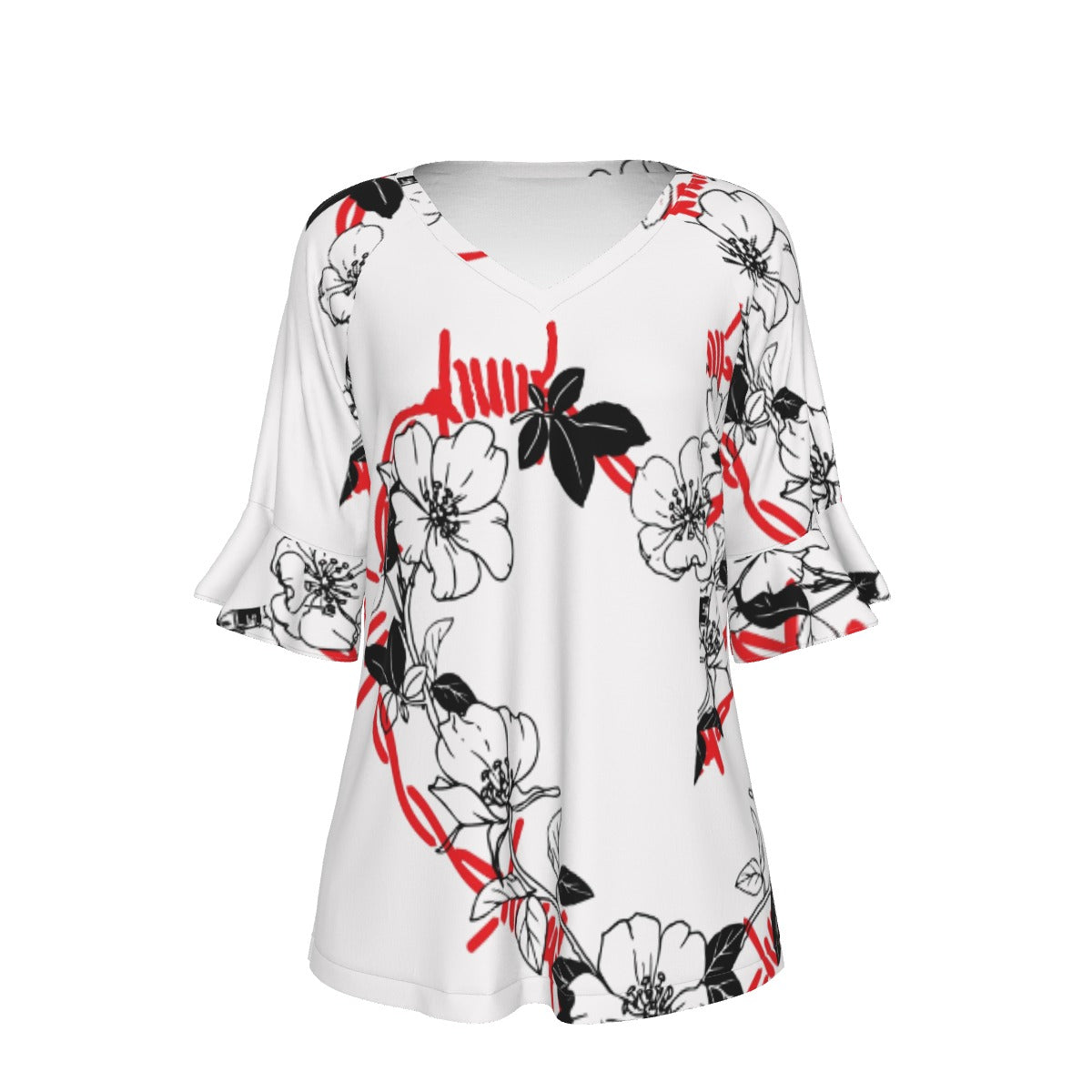 All-Over Print V-neck Women's T-shirt With Bell Sleeve