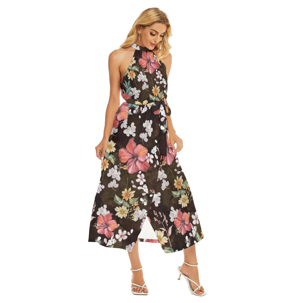 All-Over Print Women's Wrap Hem Belted Halter Dress