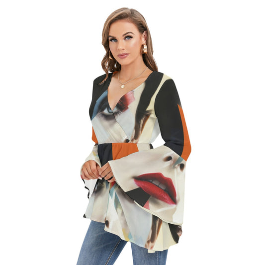 All-Over Print Women's V-neck Blouse With Flared Sleeves