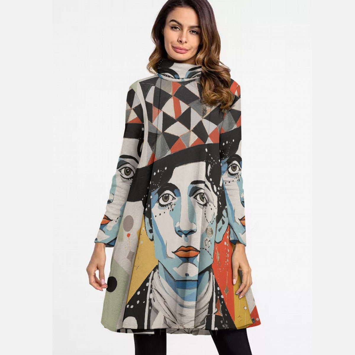 All-Over Print Women's High Neck Dress With Long Sleeve